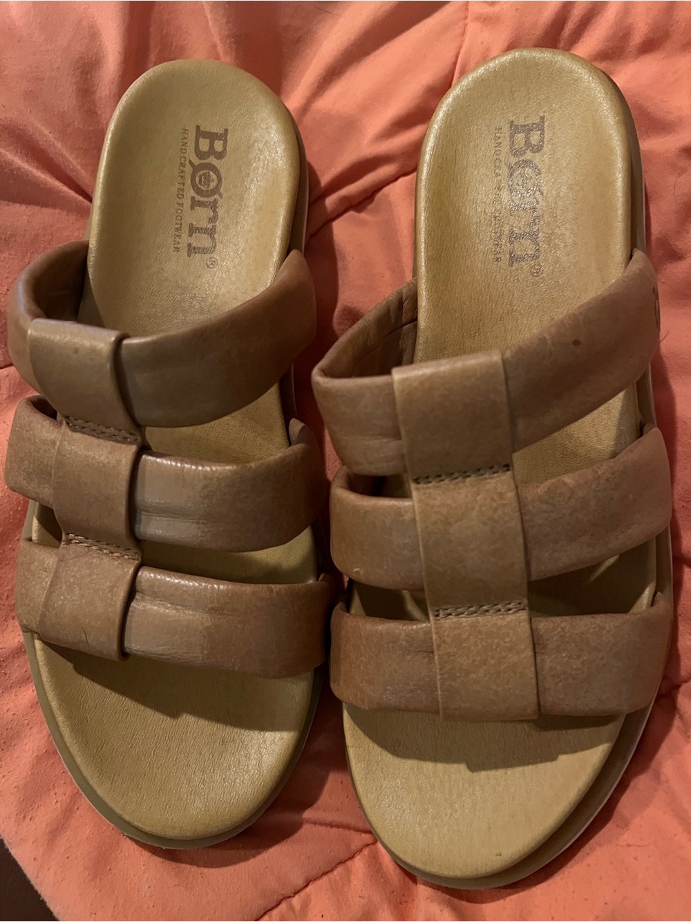 Born Leather Woven Triple-Strap Slide Sandals in Light Brown